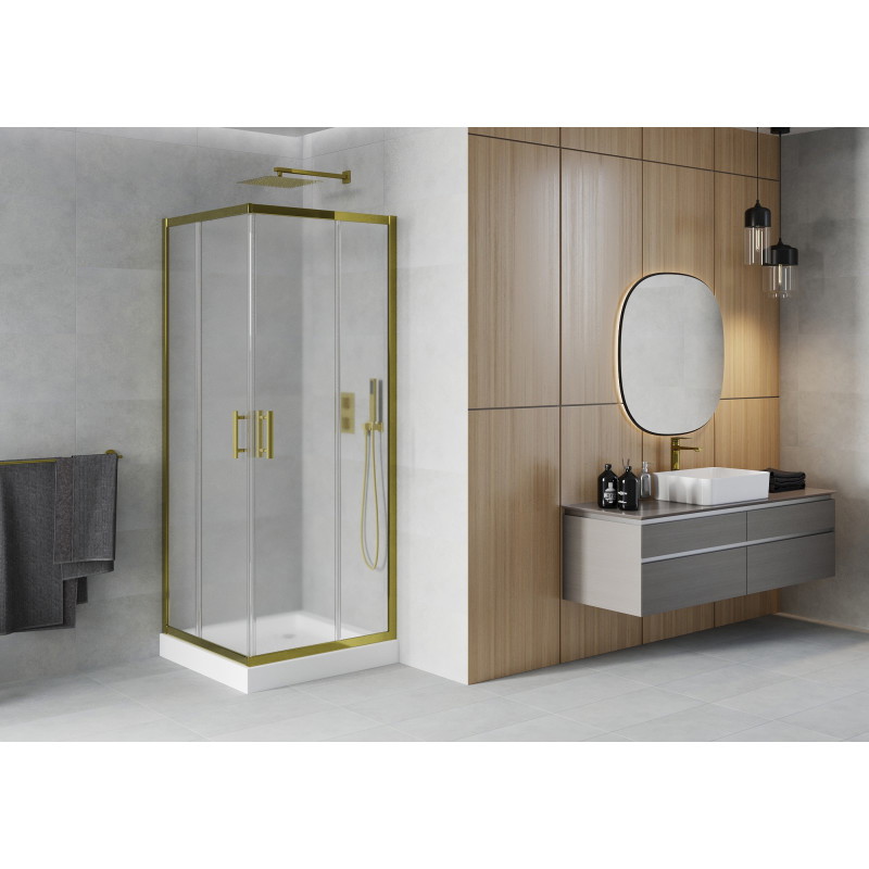 Mexen Rio quadratische Duschkabine 80 x 80 cm, Satinierung, Gold + Duschwanne, Weiß - 860-080-080-50-30-4510