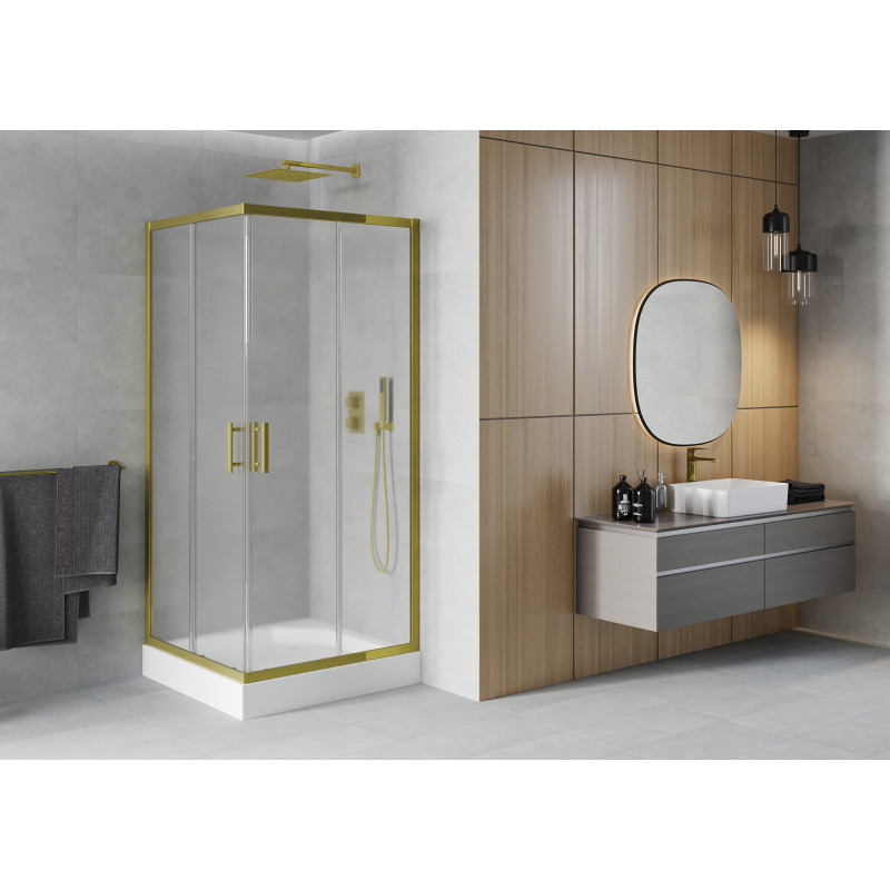 Mexen Rio quadratische Duschkabine 90 x 90 cm, satiniert, gold + Duschwanne, weiß - 860-090-090-50-30-4510