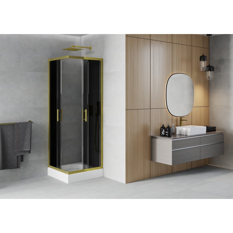 Mexen Rio cabine de duche quadrada 80 x 80 cm, grafite, dourada + base de duche, branca - 860-080-080-50-40-4510