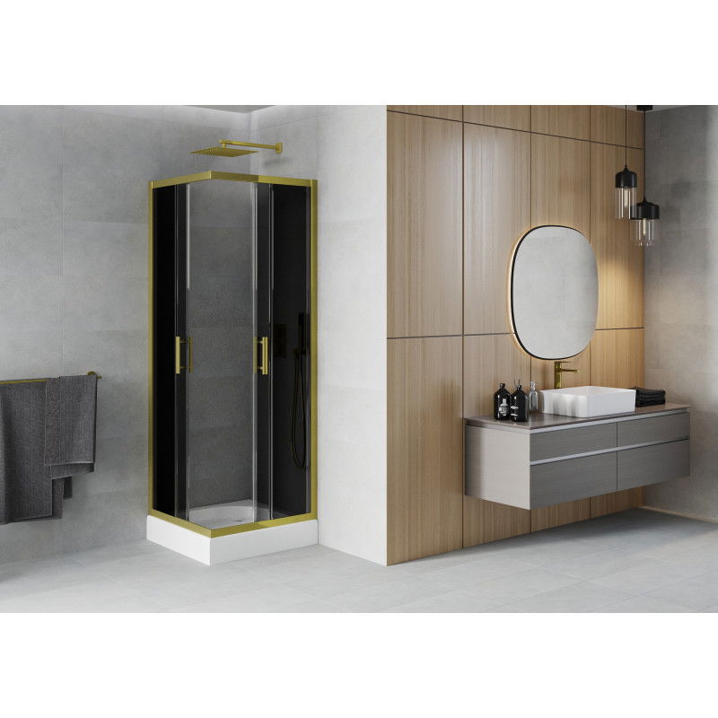 Mexen Rio Quadrates Duschkabinné 80 x 80 cm, Grafit, gëllen + Duschbecken, wäiss - 860-080-080-50-40-4510