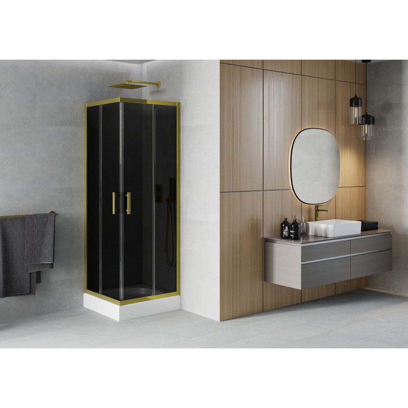 Mexen Rio Quadratische Duschkabine 80 x 80 cm, grafit, gold + Duschwanne, weiß - 860-080-080-50-40-4510
