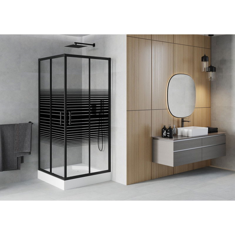 Mexen Rio cabine de douche carrée 90 x 90 cm, bandes noires, noir + receveur, blanc - 860-090-090-70-20-4510