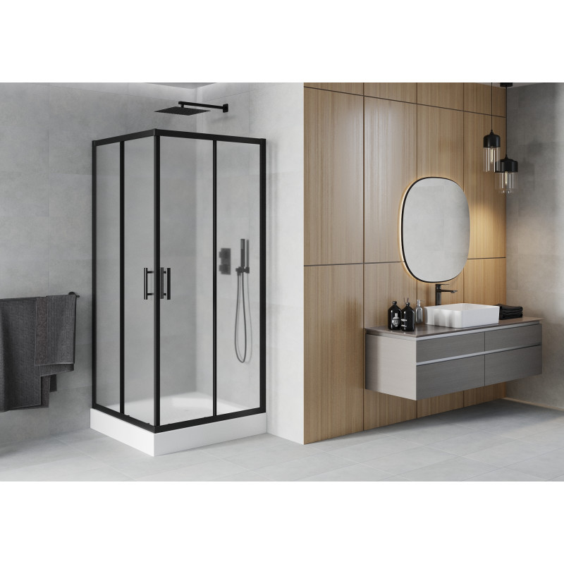 Mexen Rio vierkante douchecabine 90 x 90 cm, matglas, zwart + douchebak, wit - 860-090-090-70-30-4510