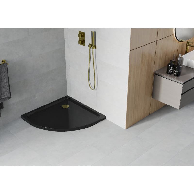 Mexen Flat brodzik półokrągły slim 100 x 100 cm, czarny, syfon złoty - 41701010G