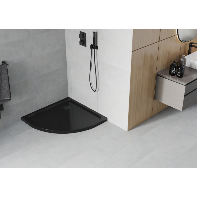 Mexen Flat half ronde slanke douchebak 100 x 100 cm, zwart, zwarte sifon - 41701010B