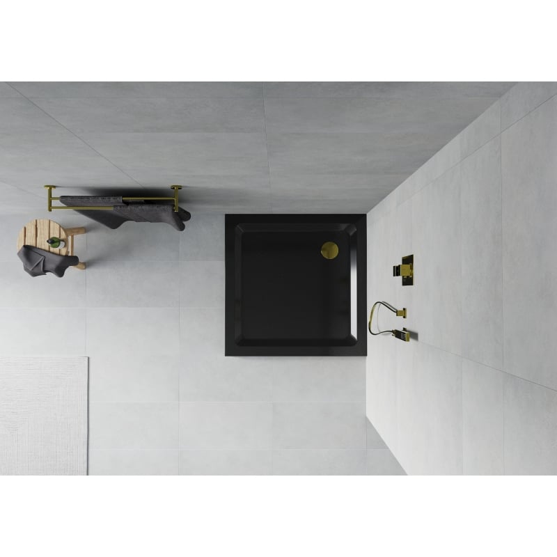 Mexen Flat Quadratische Duschwanne Slim 70 x 70 cm, Schwarz, Siphon Gold - 40707070G