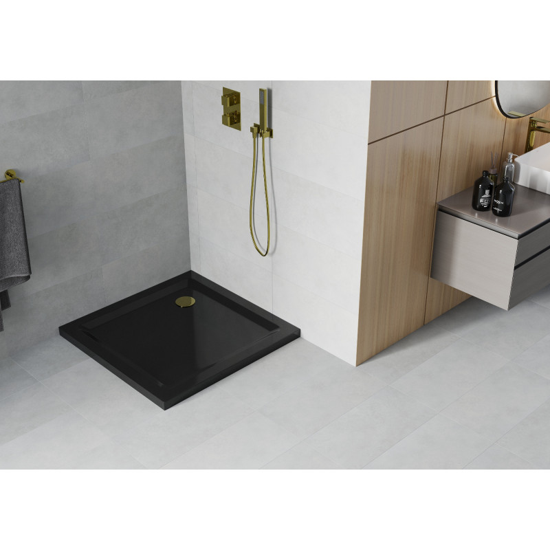 Mexen Flat brodzik kwadratowy slim 70 x 70 cm, czarny, syfon złoty - 40707070G