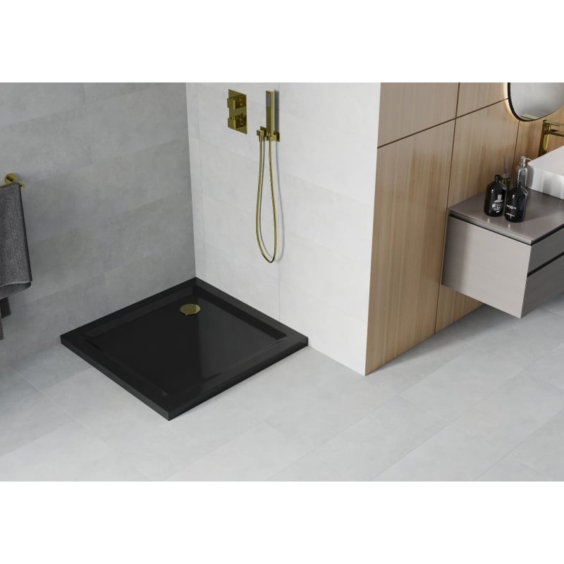 Mexen Flat Quadratische Duschwanne Slim 70 x 70 cm, Schwarz, Siphon Gold - 40707070G