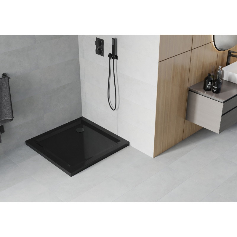 Mexen Flat square shower tray slim 70 x 70 cm, black, black siphon - 40707070B