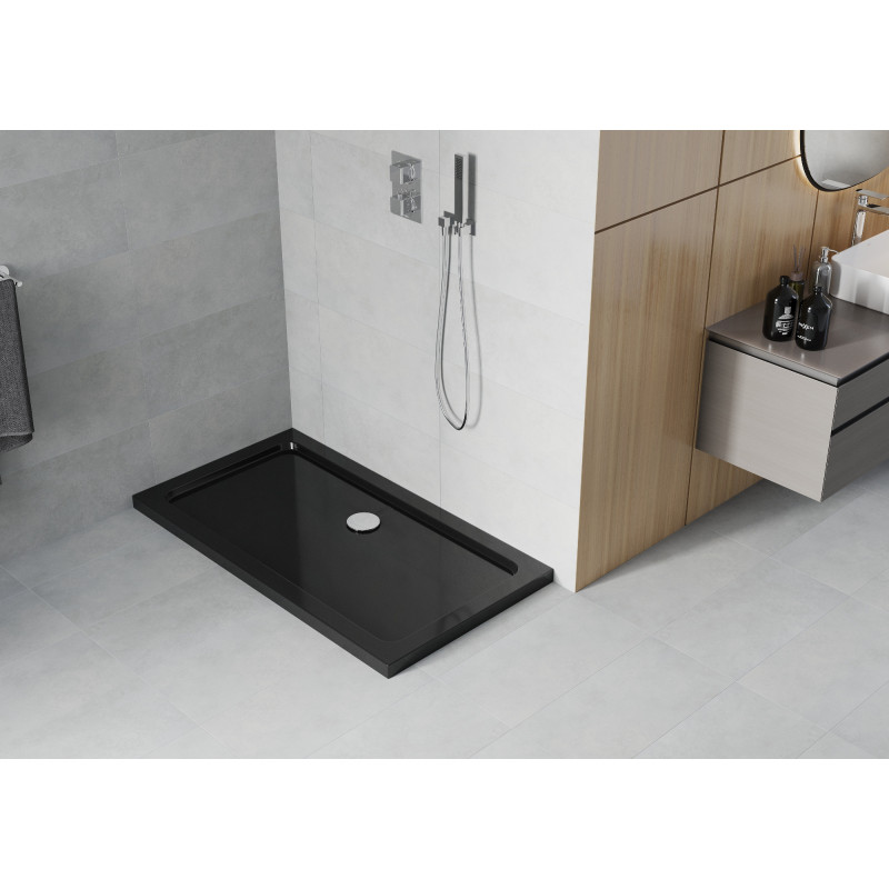 Mexen Flat plato de ducha rectangular slim 130 x 70 cm, negro, sifón cromado - 40707013