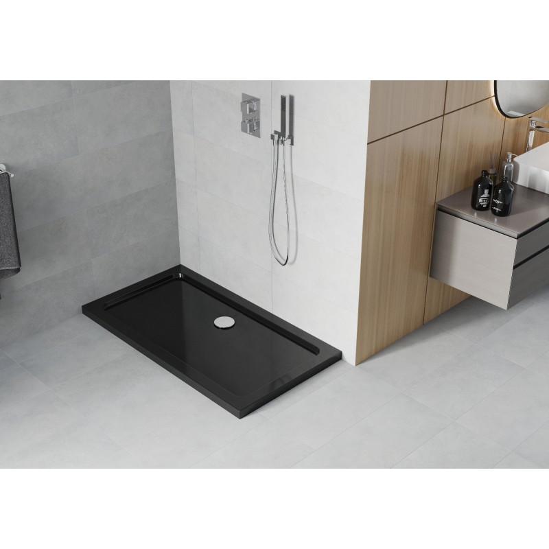 Mexen Flat rectangular slim shower tray 130 x 70 cm, black, chrome siphon - 40707013