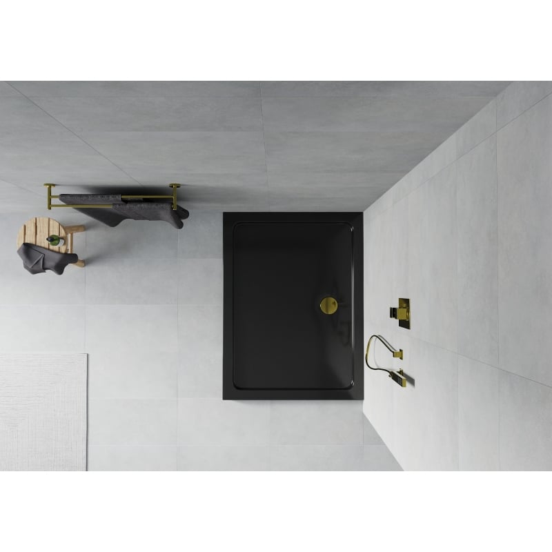 Mexen Flat rectangular slim shower tray 80 x 70 cm, black, gold siphon - 40707080G