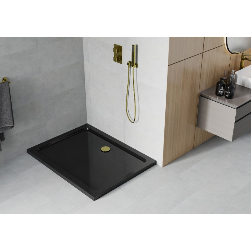 Mexen Flat rectangular slim shower tray 80 x 70 cm, black, gold siphon - 40707080G