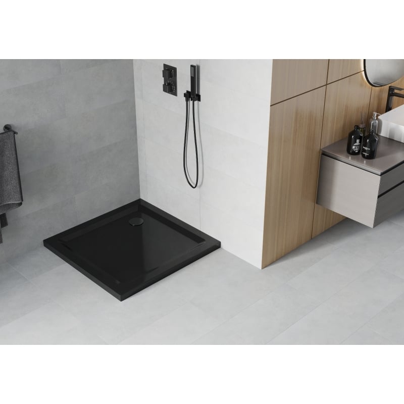 Mexen Flat ruudukujuline dušialus slim 100 x 100 cm, must, must sifoon - 40701010B