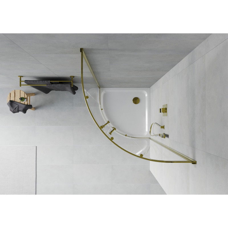 Mexen Rio Duschkabine halbkreisförmig 80 x 80 cm, transparent, gold + Flat Duschbecken, weiß - 863-080-080-50-00-4110G