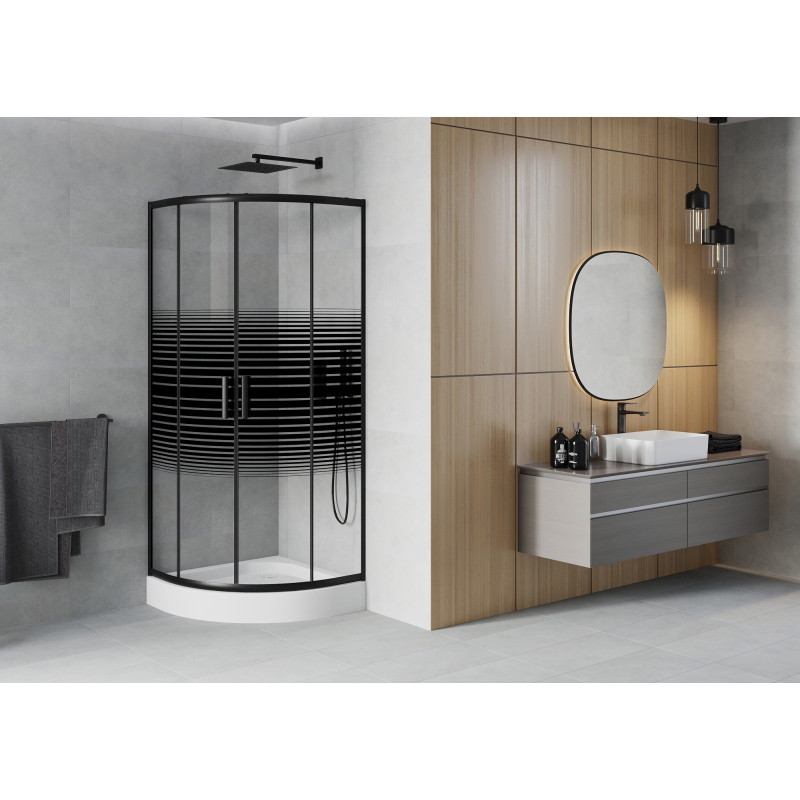 Mexen Rio cabine de duche semicircular 70 x 70 cm, faixas pretas, preta + base de duche, branco - 863-070-070-70-20-4710