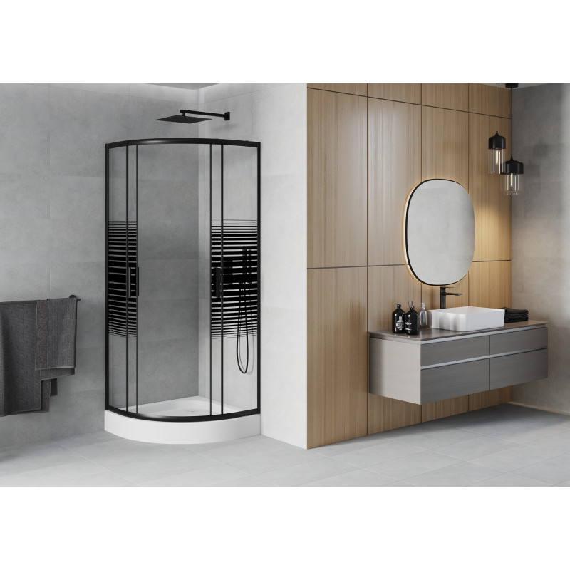 Mexen Rio polkrožna tuš kabina 80 x 80 cm, črni trakovi, črna + tuš kad, bela - 863-080-080-70-20-4710