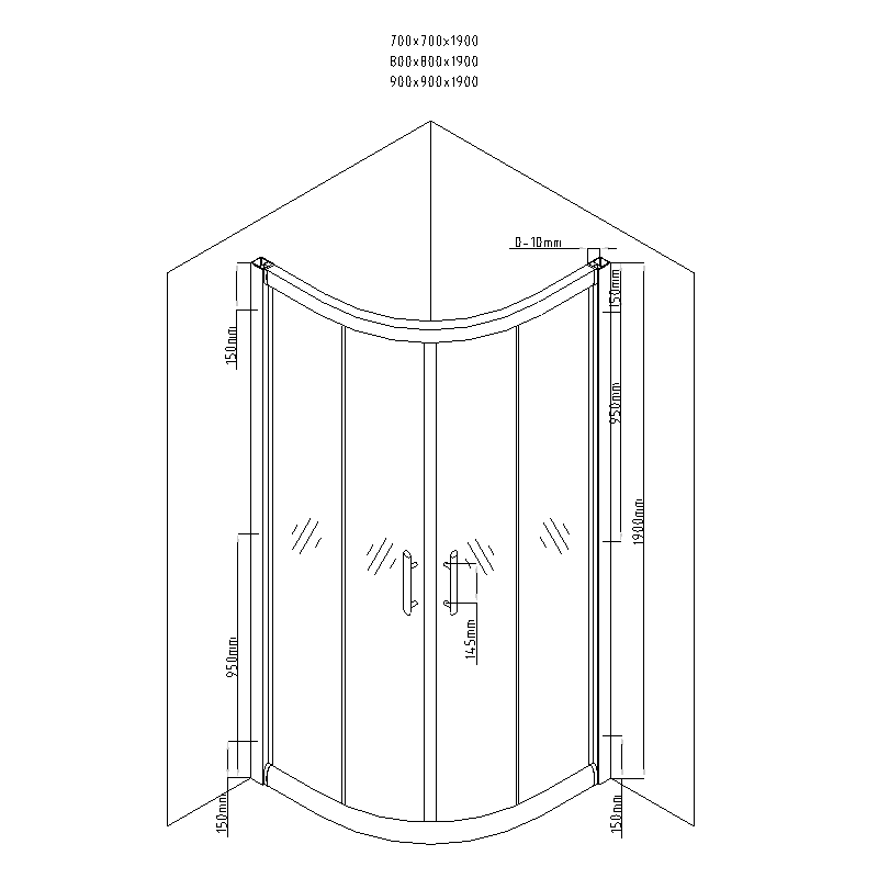 Mexen Rio halvrund duschkabin 90 x 90 cm, svarta ränder, svart + duschkar, vit - 863-090-090-70-20-4710