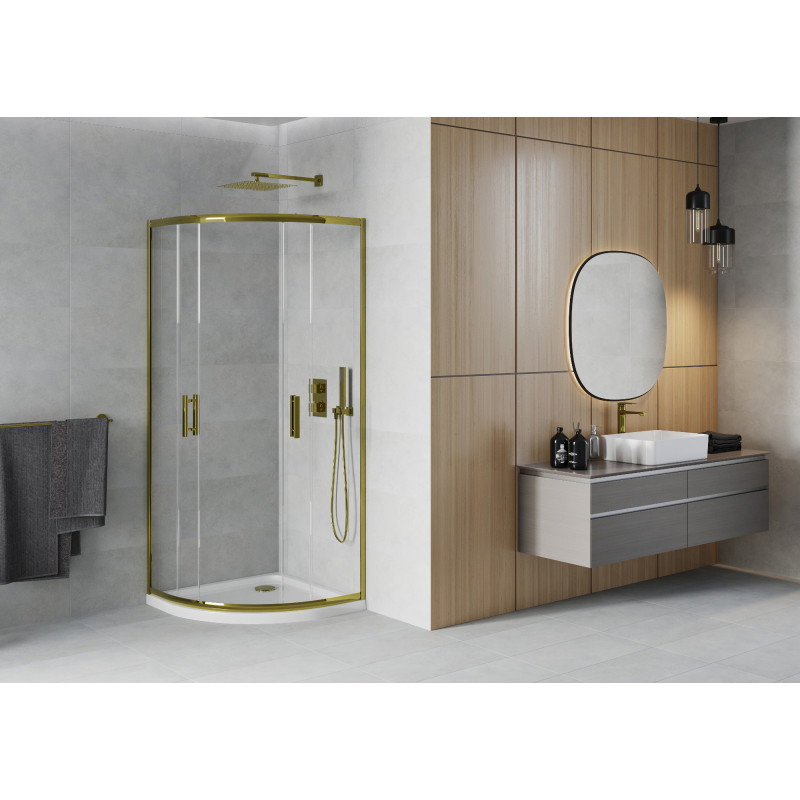 Mexen Rio half-ronde douchecabine 80 x 80 cm, transparant, goud + Flat douchebak, wit - 863-080-080-50-00-4110G