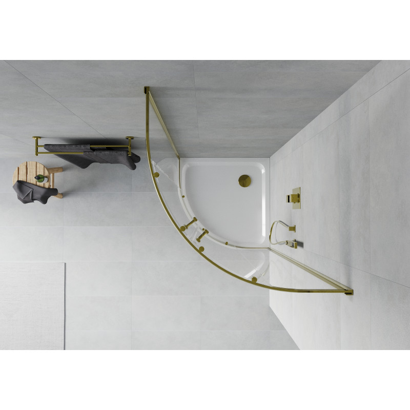 Mexen Rio polkrožna tuš kabina 90 x 90 cm, prozorna, zlata + Flat tuš kad, bela - 863-090-090-50-00-4110G