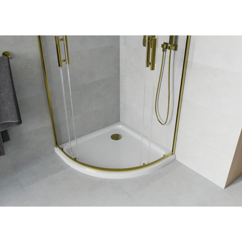 Mexen Rio halvcirkelformat duschkabin 90 x 90 cm, transparent, guld + Flat duschkar, vit - 863-090-090-50-00-4110G