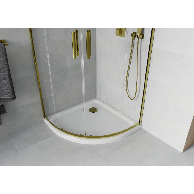 Mexen Rio Halbrunde Duschkabine 90 x 90 cm, transparent, gold + Flat Duschwanne, weiß - 863-090-090-50-00-4110G