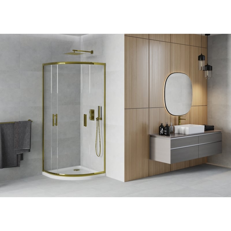 Mexen Rio semi-circular shower cabin 90 x 90 cm, transparent, gold + Flat shower tray, white - 863-090-090-50-00-4110G