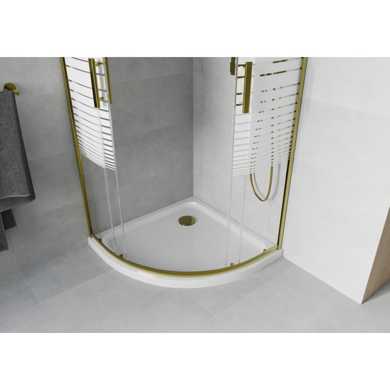 Mexen Rio kabina prysznicowa półokrągła 80 x 80 cm, białe pasy, złota + brodzik Flat, biały - 863-080-080-50-20-4110G
