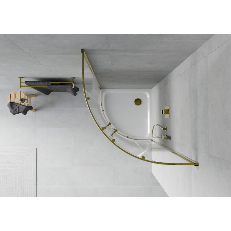 Mexen Rio kabina prysznicowa półokrągła 90 x 90 cm, białe pasy, złota + brodzik Flat, biały - 863-090-090-50-20-4110G