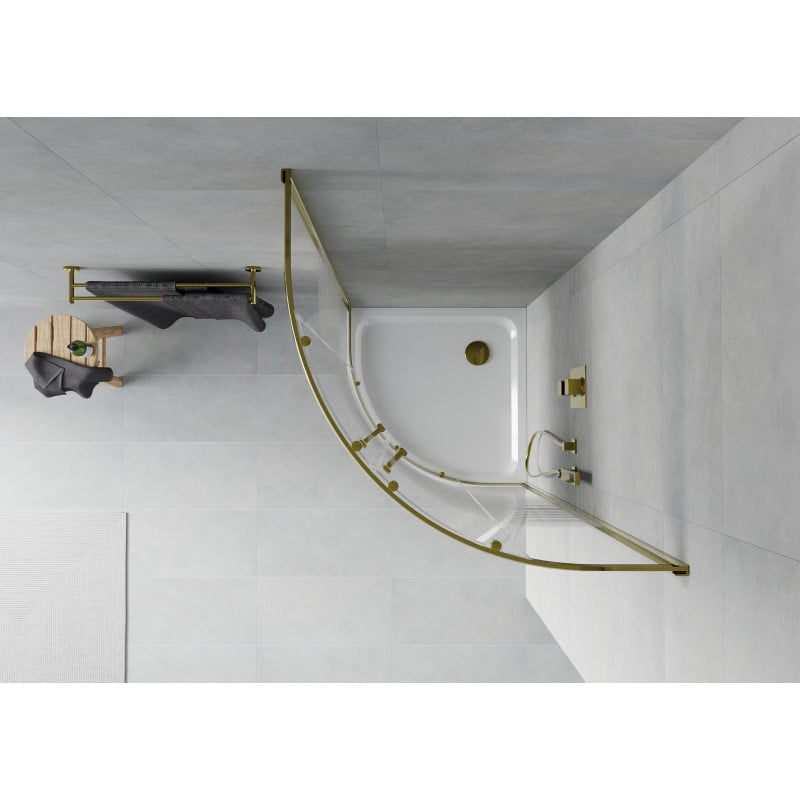 Mexen Rio semicircular shower cabin 90 x 90 cm, white stripes, gold + Flat tray, white - 863-090-090-50-20-4110G
