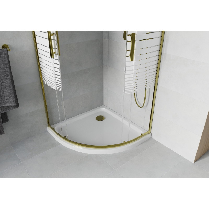 Mexen Rio kabina prysznicowa półokrągła 90 x 90 cm, białe pasy, złota + brodzik Flat, biały - 863-090-090-50-20-4110G