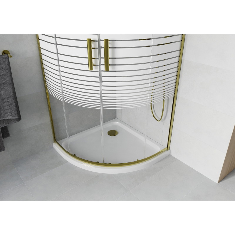 Mexen Rio kabina prysznicowa półokrągła 90 x 90 cm, białe pasy, złota + brodzik Flat, biały - 863-090-090-50-20-4110G