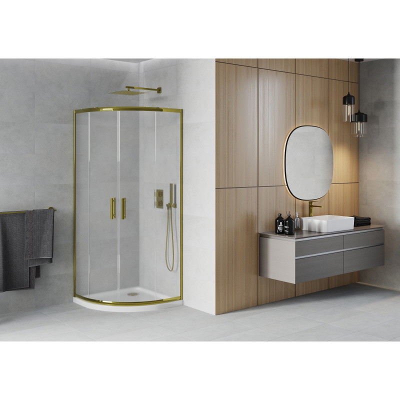 Mexen Rio cabina de ducha semicircular 80 x 80 cm, escarchado, dorado + plato de ducha Flat, blanco - 863-080-080-50-30-4110G