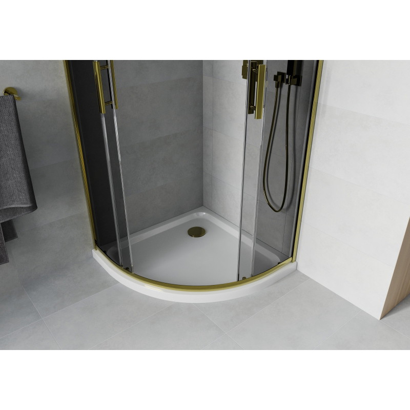 Mexen Rio halbrunde Duschkabine 80 x 80 cm, Graphit, Gold + Flat Duschwanne, Weiß - 863-080-080-50-40-4110G