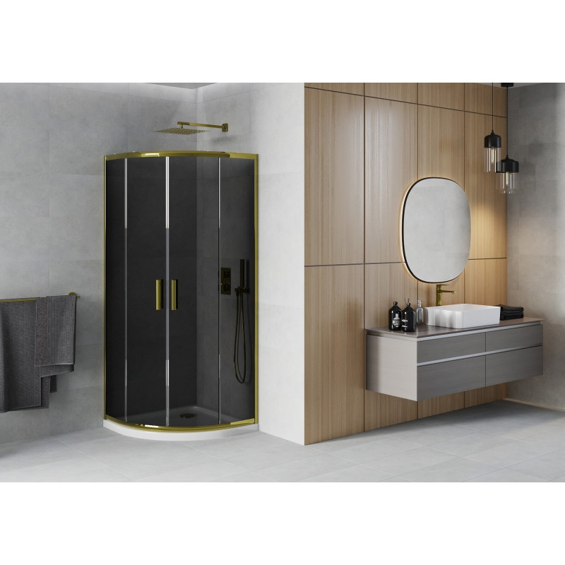 Mexen Rio Halbrunde Duschkabine 90 x 90 cm, Grafit, Gold + Flat-Duschwanne, Weiß - 863-090-090-50-40-4110G