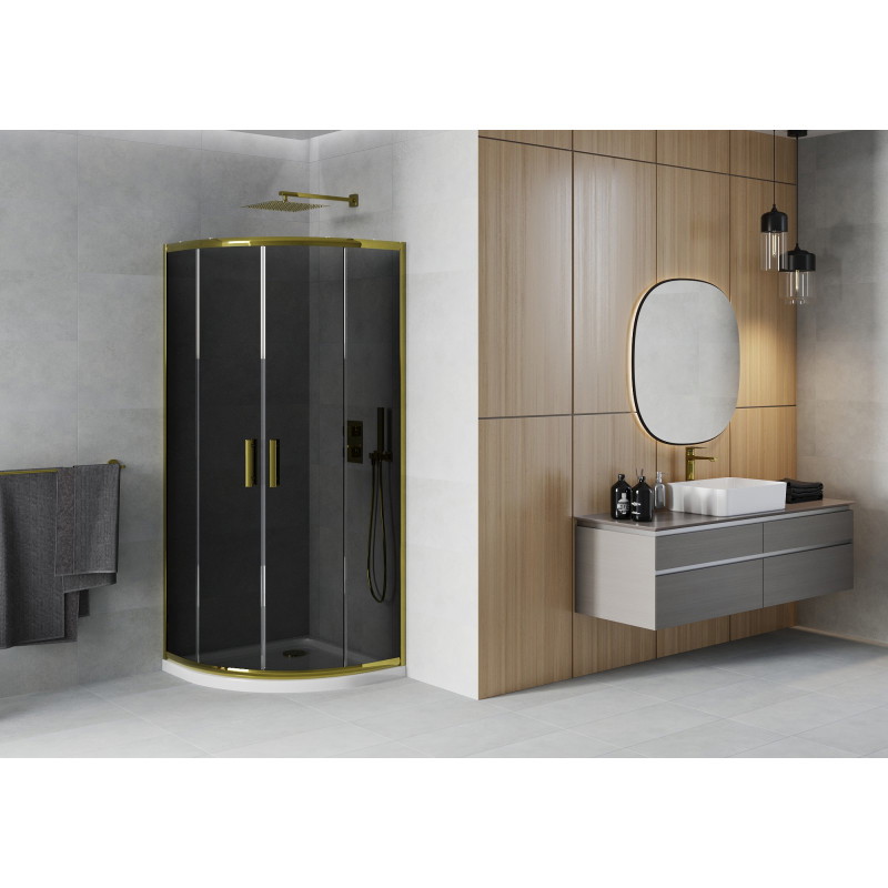 Mexen Rio Halbrunde Duschkabine 90 x 90 cm, Graphit, Gold + Flat Duschwanne, Weiß - 863-090-090-50-40-4110G