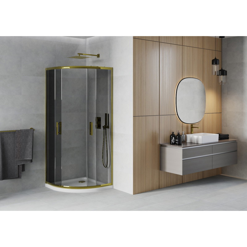 Mexen Rio Halbrunde Duschkabine 90 x 90 cm, Graphit, Gold + Flat Duschwanne, Weiß - 863-090-090-50-40-4110G