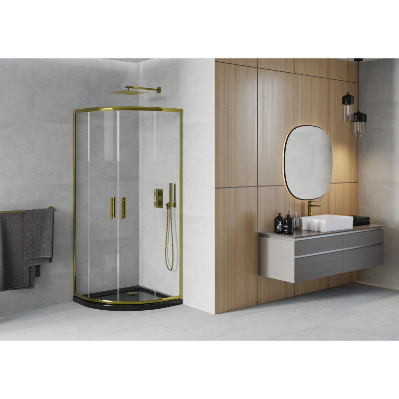 Mexen Rio Duschkabine halbrund 80 x 80 cm, transparent, gold + Duschwanne Flat, schwarz - 863-080-080-50-00-4170G
