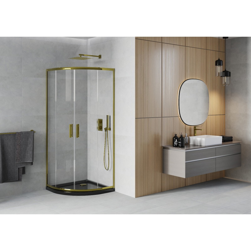 Mexen Rio halfronde douchecabine 80 x 80 cm, transparant, goud + Flat douchebak, zwart - 863-080-080-50-00-4170G