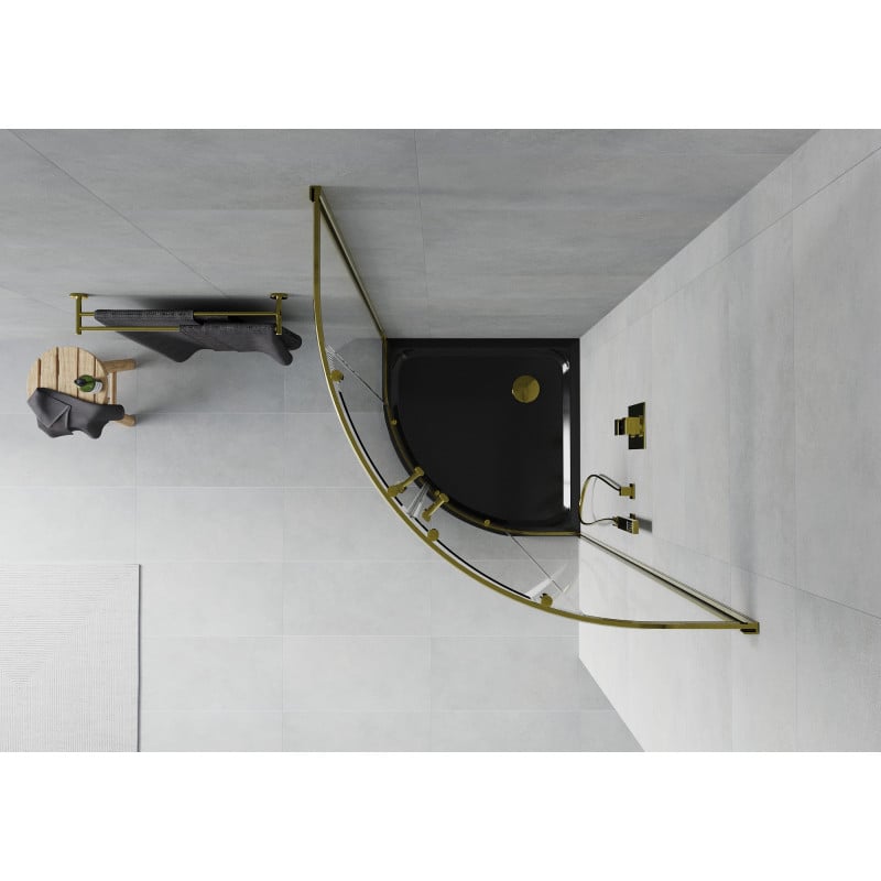 Mexen Rio cabine de duche semicircular 90 x 90 cm, transparente, dourada + base de duche Flat, preta - 863-090-090-50-00-4170G