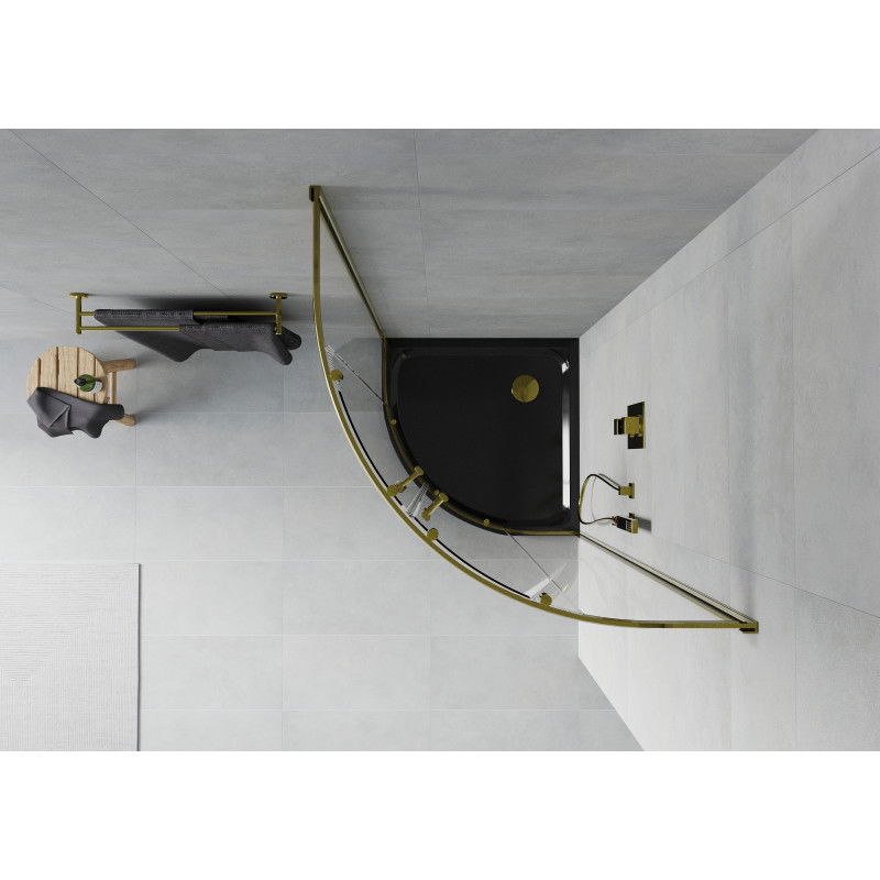 Mexen Rio Duschkabine Halbkreis 90 x 90 cm, transparent, gold + Duschwanne Flat, schwarz - 863-090-090-50-00-4170G