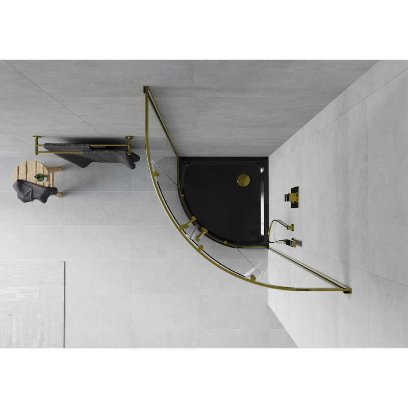 Mexen Rio Halbrunde Duschkabine 90 x 90 cm, transparent, gold + Duschwanne Flat, schwarz - 863-090-090-50-00-4170G