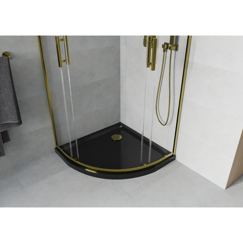 Mexen Rio cabine de douche semi-circulaire 90 x 90 cm, transparent, doré + receveur Flat, noir - 863-090-090-50-00-4170G