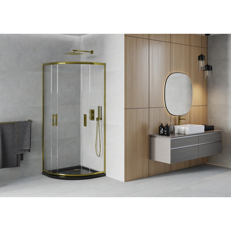 Mexen Rio Halbrunde Duschkabine 90 x 90 cm, transparent, gold + Duschwanne Flat, schwarz - 863-090-090-50-00-4170G