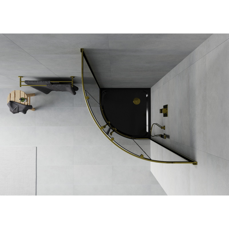 Mexen Rio cabina de ducha semicircular 90 x 90 cm, grafito, dorada + plato Flat, negro - 863-090-090-50-40-4170G