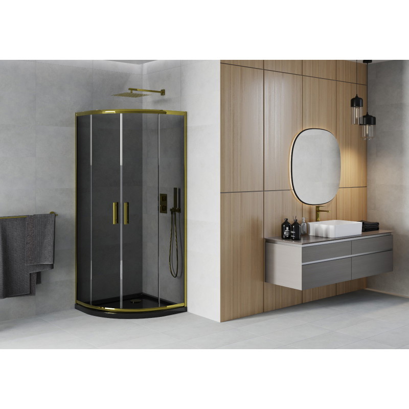 Mexen Rio cabina de ducha semicircular 90 x 90 cm, grafito, dorada + plato Flat, negro - 863-090-090-50-40-4170G