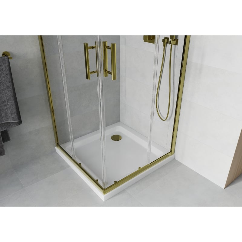 Mexen Rio ruudukujuline dušikabiin 80 x 80 cm, läbipaistev, kuldne + Flat alus, valge - 860-080-080-50-00-4010G