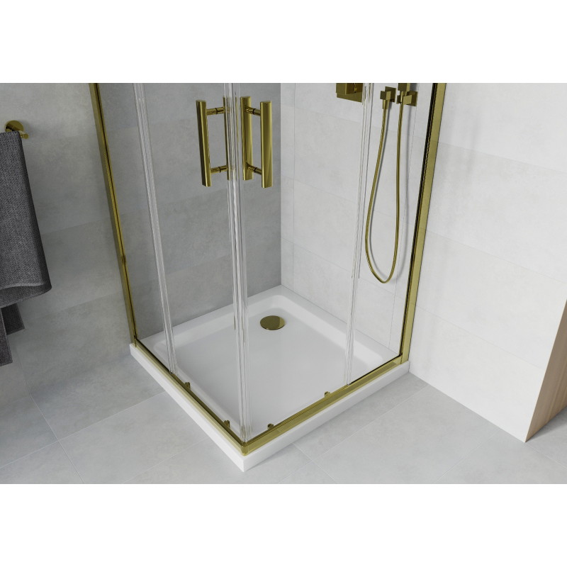 Mexen Rio Quadratische Duschkabine 90 x 90 cm, transparent, gold + Flat Duschwanne, weiß - 860-090-090-50-00-4010G