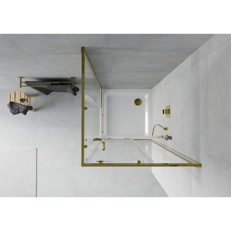 Mexen Rio cabine de duche quadrada 90 x 90 cm, transparente, dourada + base de duche Flat, branco - 860-090-090-50-00-4010G