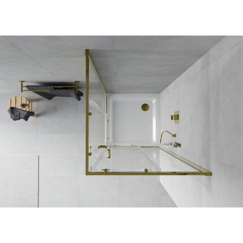 Mexen Rio Kvadratna pršna kabina 90 x 90 cm, prozorna, zlata + pladenj Flat, bela - 860-090-090-50-00-4010G